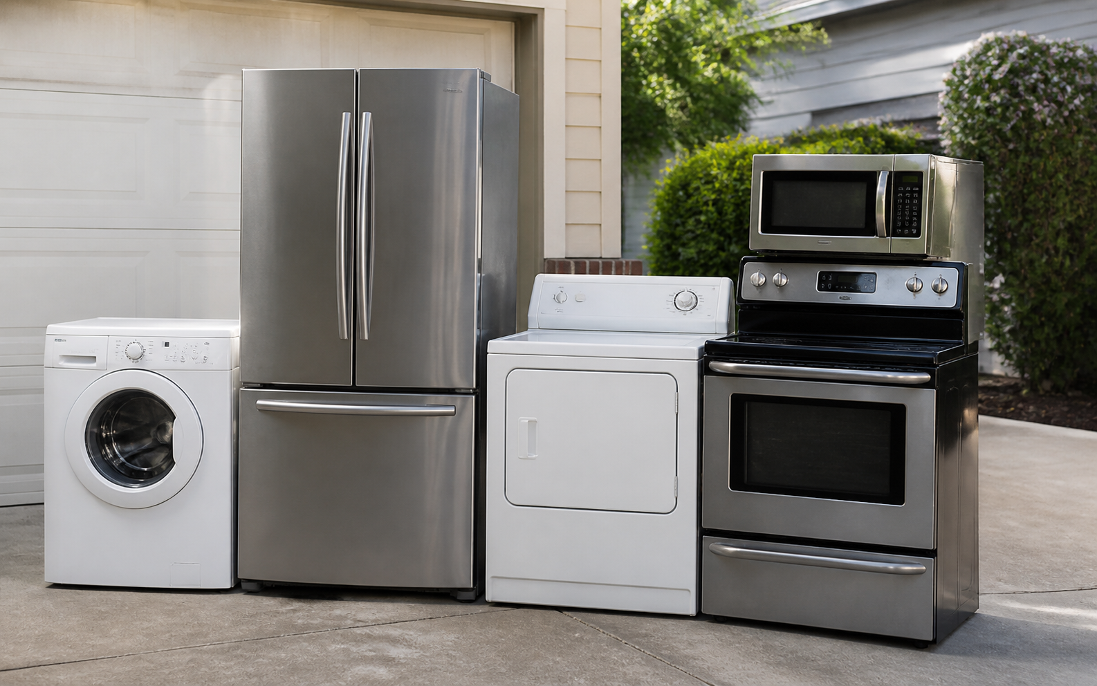 Washer, refrigerator, dryer, oven, and microwave ready for hauling