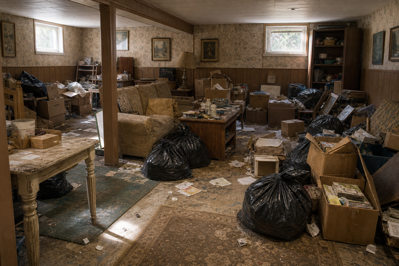 Dirty 1970s basement with old rose wallpaper, couches, rugs, tables, trash bags, and junk