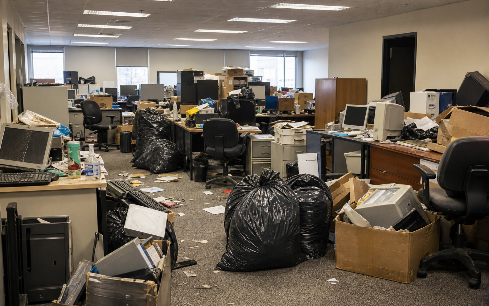 Dirty commercial office with desks, office chairs, computers, trash bags, and junk ready for cleanout