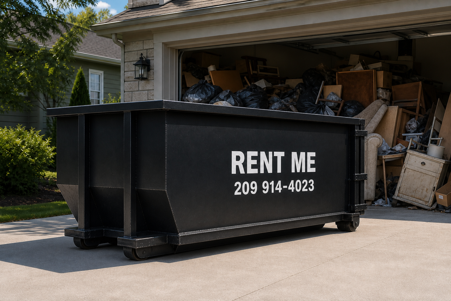 Black dumpster rental in front of a garage cleanout