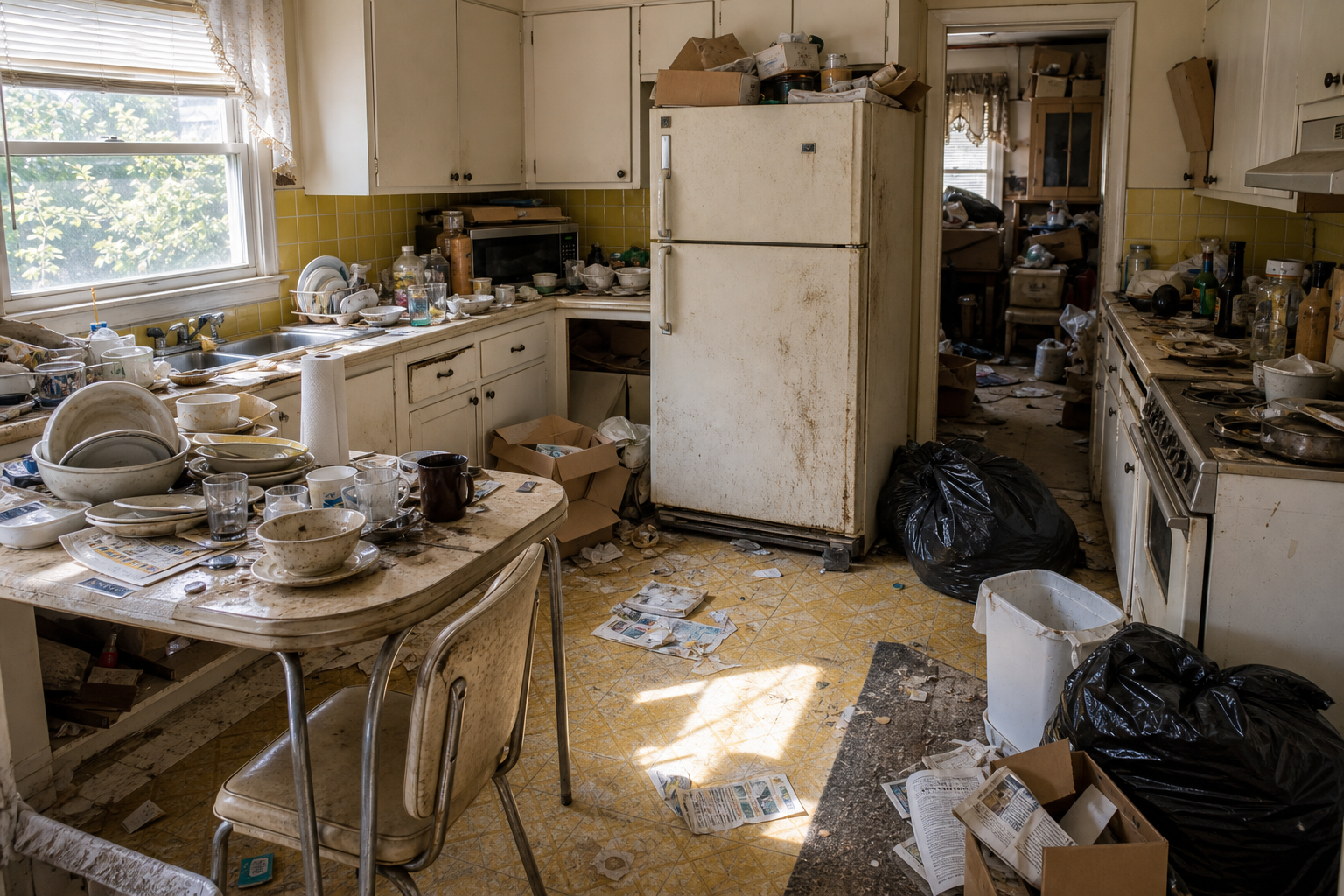 Dirty kitchen with yellow tile, trash bags, dirty refrigerator, dishes, and junk after an eviction
