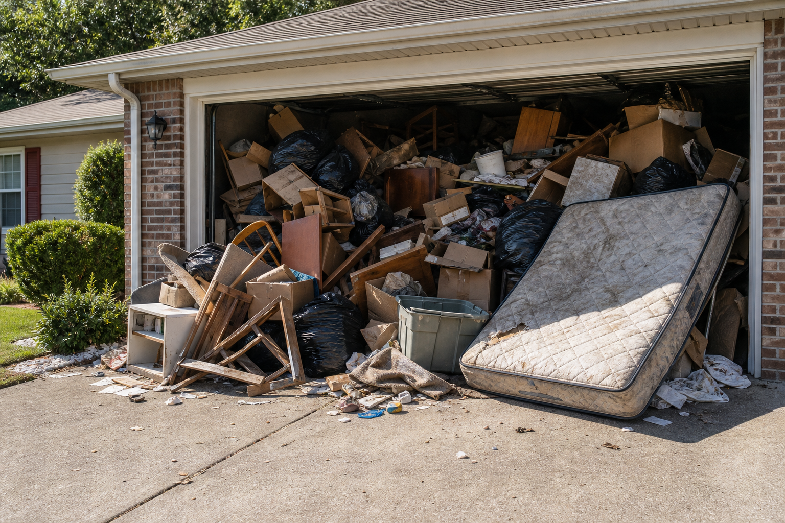 Open garage packed with trash bags, dirty mattress, broken furniture, and junk spilling onto the driveway