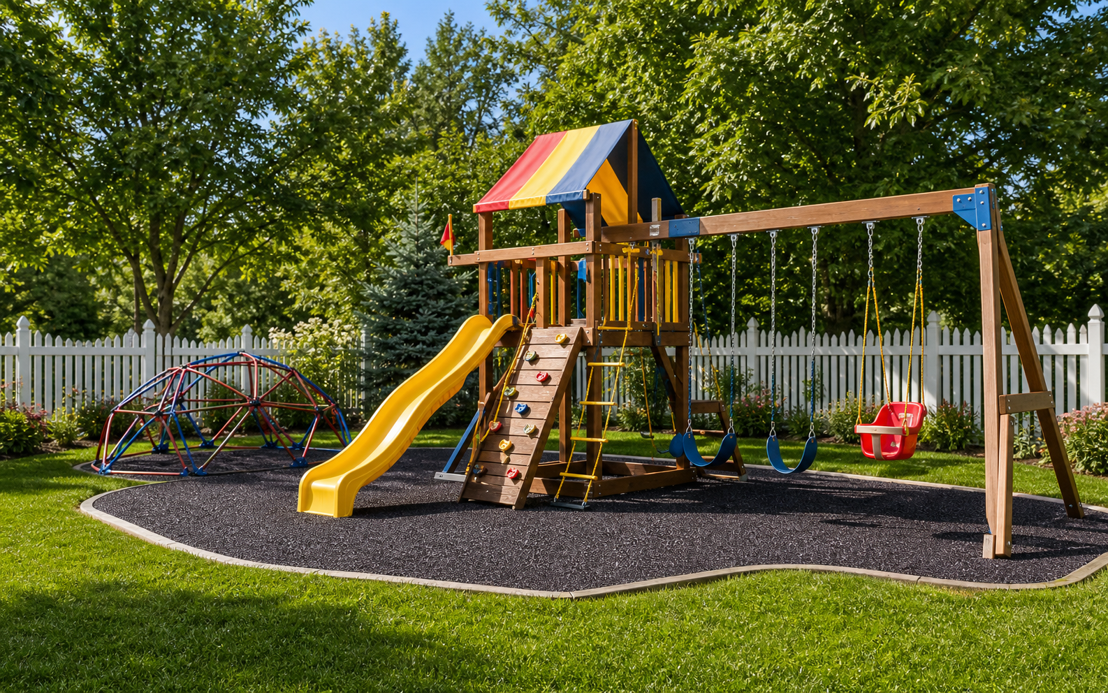 Colorful backyard playset with swings, slide, green grass, trees, and a white picket fence