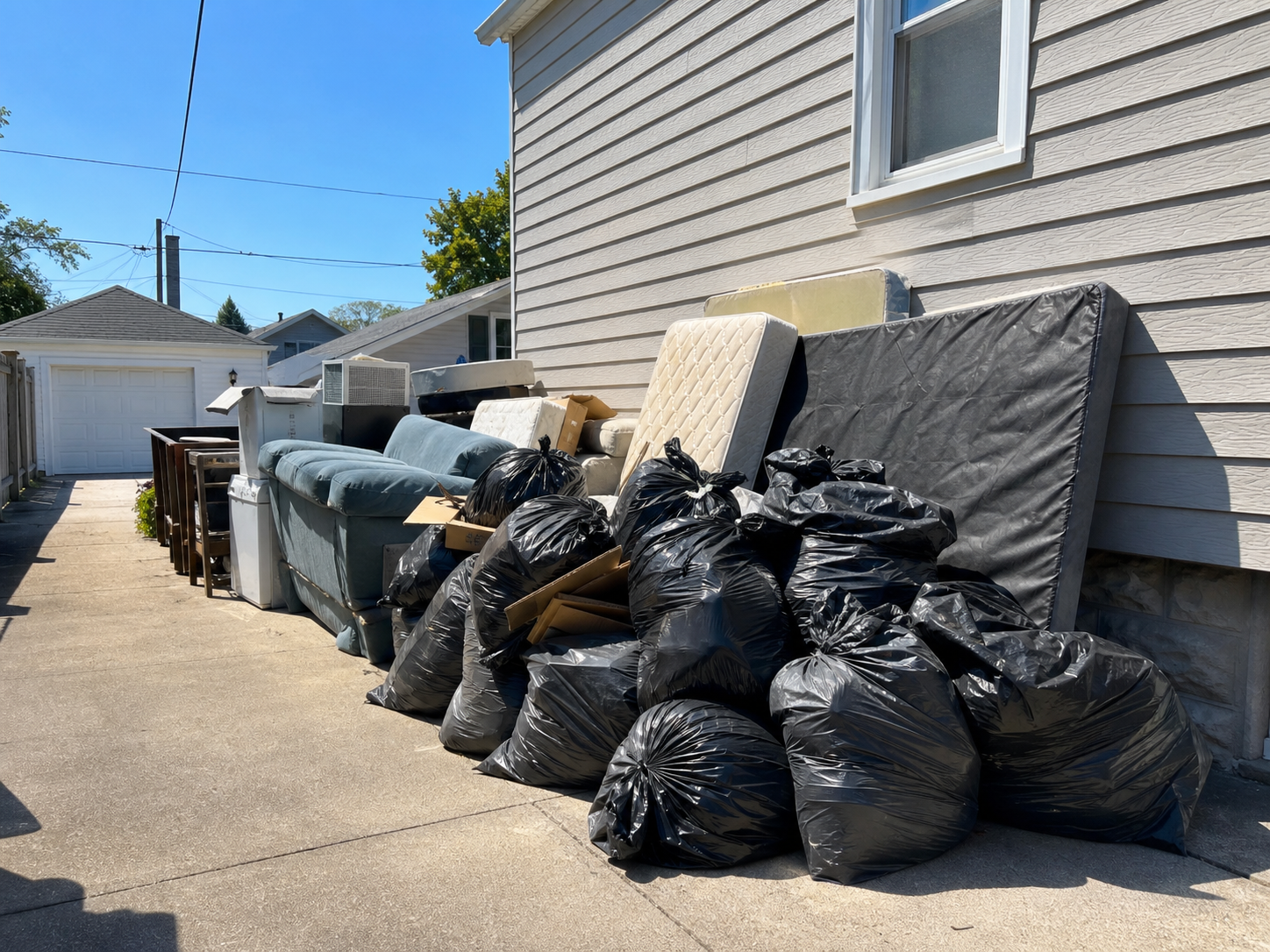 Black garbage bags, mattresses, couches, and junk piled on the side of a house on a sunny day